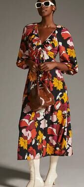 Maeve  black and red 3/4 sleeve floral v neck maxi dress size 14